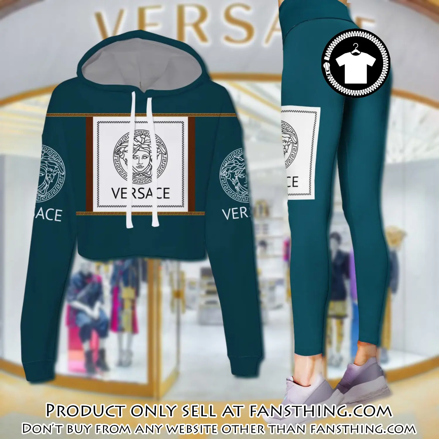 Versace teal color luxury brand clothes leggings and crop top set for women fst5542120